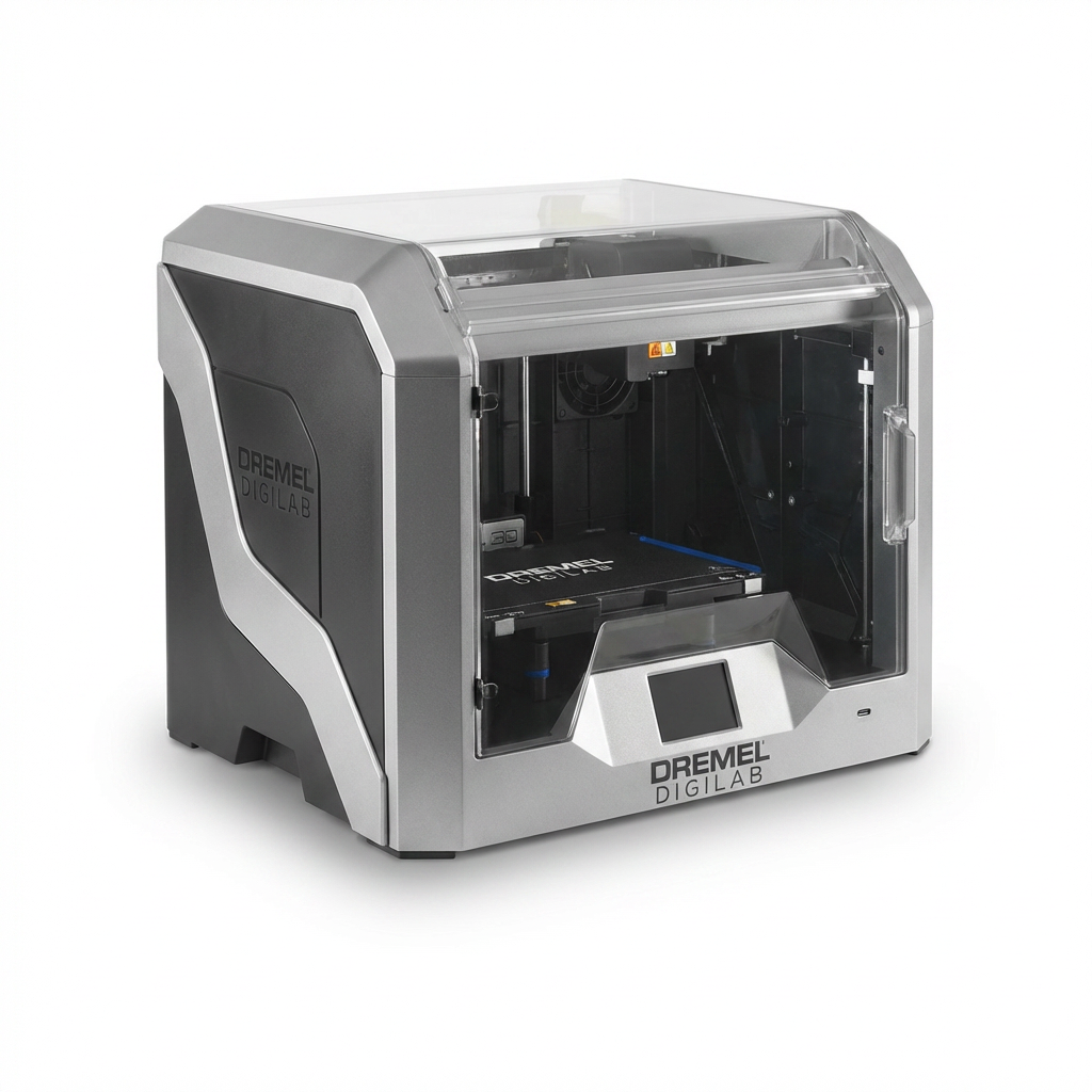 A photorealistic studio product photograph of the Dremel DigiLab 3D40-FLX 3D Printer, angled to the left on a pure white background with a soft natural shadow and no accessories.