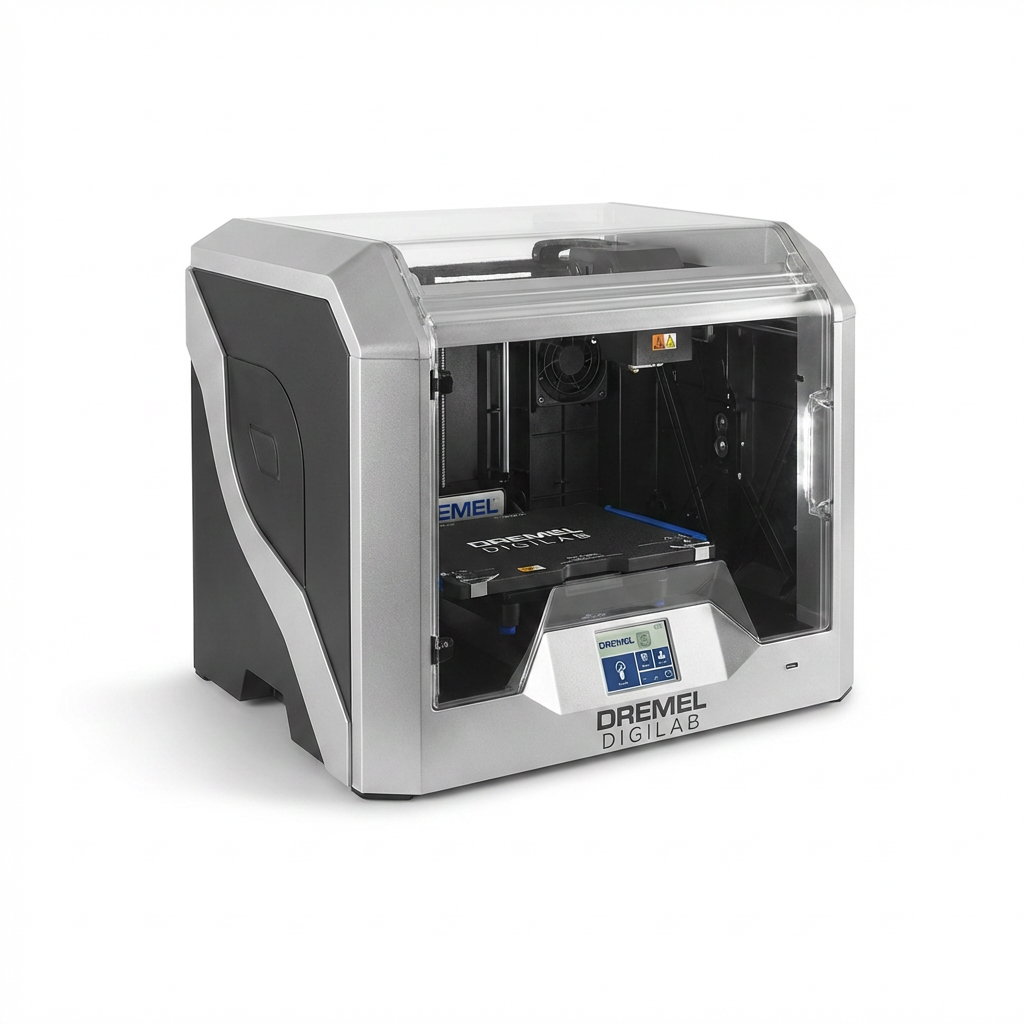A photorealistic studio product photograph of the Dremel DigiLab 3D40-FLX 3D Printer, angled to the right, centered on a pure white background with a soft, natural shadow.