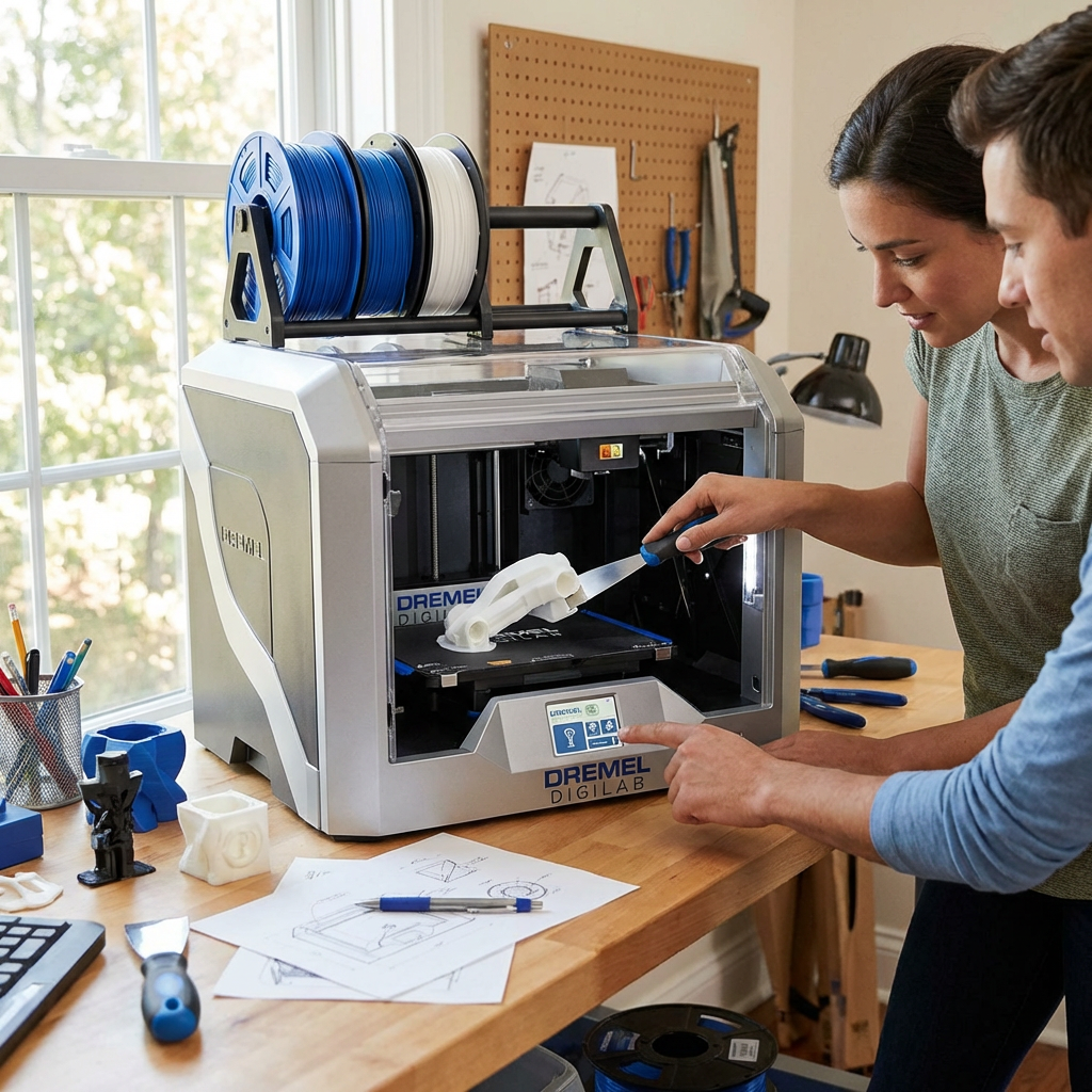 A photorealistic lifestyle image showing two people using the Dremel DigiLab 3D40-FLX 3D Printer in a sunlit home workshop. One person uses a spatula to remove a print, while the other points at the touchscreen.