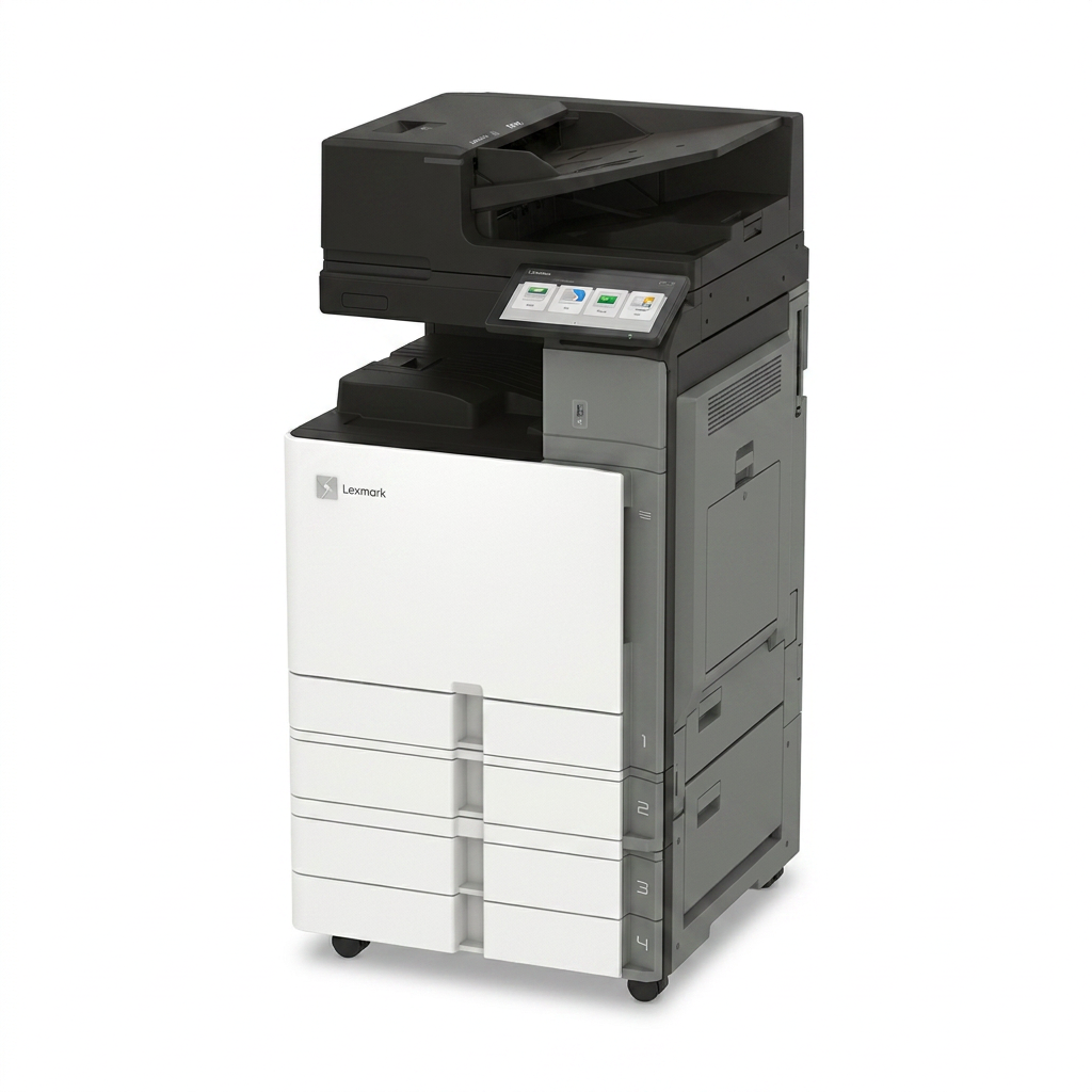 A photorealistic studio product photo of the Lexmark CX962tse multifunction printer, shown from a left angle on a pure white background with a soft natural shadow.