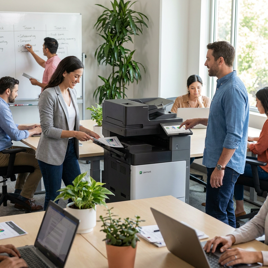 A lifestyle photo in a modern office shows colleagues interacting with the Lexmark CX962tse multifunction printer. A woman collects prints as a man points to its touch screen, with others working around them.